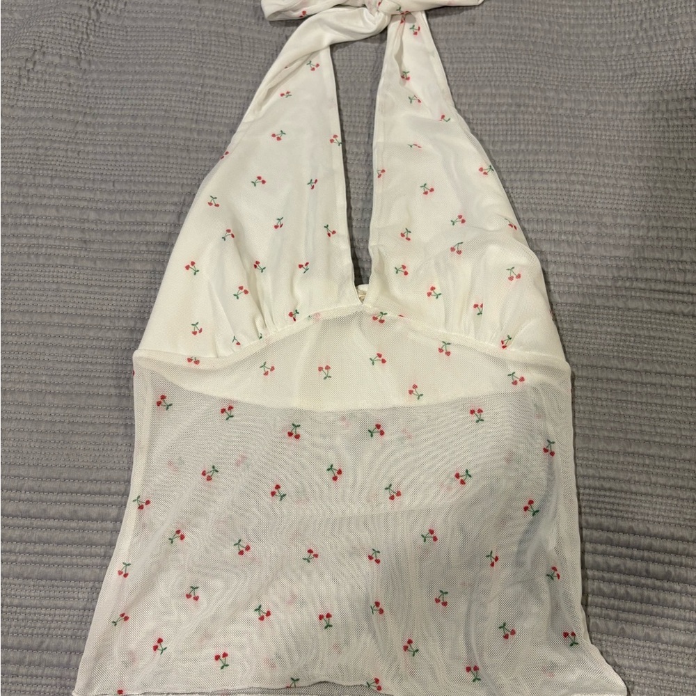 See You Monday White Top with Cherry Accents